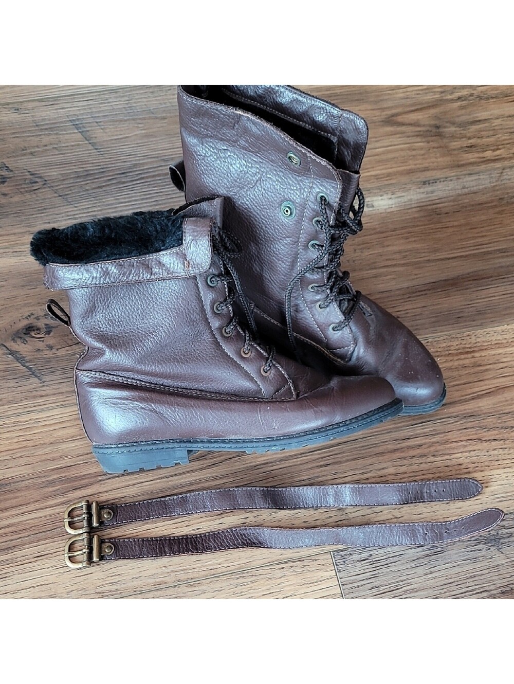 Vintage Pajar Canada Brown Leather Lace-Up Boots with Straps, Size 8, Fur, 1980